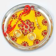 Yellow Base Red Kundan Studded Rakhi Pooja Thali
