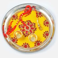 Yellow Base Red Kundan Studded Rakhi Pooja Thali