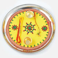 Colorful Painted Kundan Stainless Steel Rakhi Pooja Thali