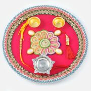 Pink Velvet Pearl Floral Designed Rakhi Pooja Thali