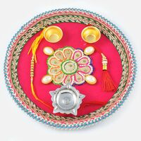 Pink Velvet Pearl Floral Designed Rakhi Pooja Thali