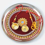 Pearl and Golden Flower Bordered Rakhi Pooja Thali