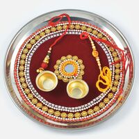 Pearl and Golden Flower Bordered Rakhi Pooja Thali