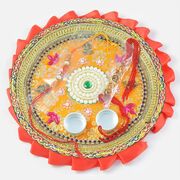 Zardosi with Green Kundan and Pearls Rakhi Pooja Thali