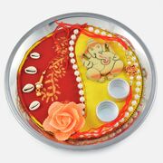 Cute Ganesha with Shell and Pearl Border Rakhi Pooja Thali