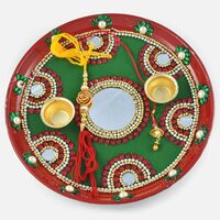 Fabulous Painted Mirror and Red Kundan Worked Rakhi Pooja Thali