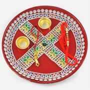 Painted Floral Pearl Zardozi Rakhi Pooja Thali