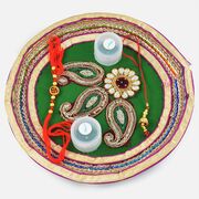 Tri-Floral Silver Pearl Gota Rakhi Pooja Thali
