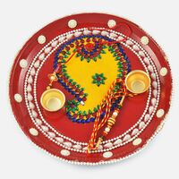 Painted Multi-Colored Kundan and Pearl Rakhi Pooja Thali