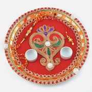 Designer Red Velvet Centered Leaf Zardozi Work Rakhi Pooja Thali