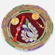 Zardozi Mirror Leaf with Multi-Color Gota Designer Rakhi Pooja Thali