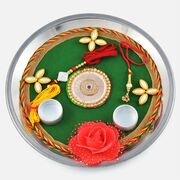 Pink Rose Green Base Zardozi Flower Rakhi Pooja Thali