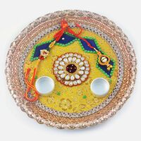 Intricately Designed Centered Kundan with Gota Border Rakhi Pooja Thali