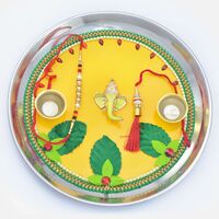 Awesome Ganesha Yellow Painted Steel Rakhi Thali