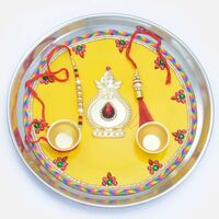 Awesome Yellow Painted Designer Rakhi Puja Thali