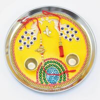 Beautifully Crafted Yellow Painted Mayur Rakhi Thali