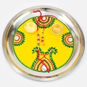 Yellow Base Design Jewel Studded Handmade Rakhi Pooja Thali with Rakhi of Bhaiya Bhabhi