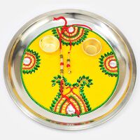 Yellow Base Design Jewel Studded Handmade Rakhi Pooja Thali with Rakhi of Bhaiya Bhabhi