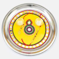Auspicious Kalash Design Mirror Studded Amazing Yellow Base Rakhi Thali with Rakhi for Brother and Bhabhi