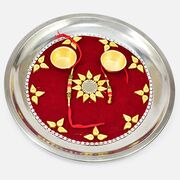 Flower Shape Design Maroon Base Design Rakhi Thali with Brother and Bhabhi Rakhi