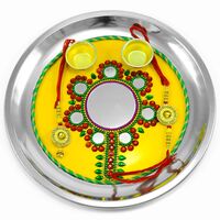 Marvelous Looking Mirror in Mid On Yellow Base Designer Rakhi Puja Thali