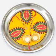 Amazing Looking Yellow Base Leaf Design Rakhi Puja Thali with Bhai and Bhabhi Rakhi