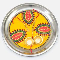 Amazing Looking Yellow Base Leaf Design Rakhi Puja Thali with Bhai and Bhabhi Rakhi