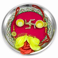 Divine Swastika Rose Type Flower Studded Pink Base Design Rakhi Thali