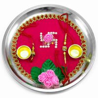 Artificial Design Beautiful Rose On Sacred Swastika Rakhi Puja Thali