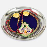 Dark Blue Color Design Zardosi Work Gota Studded Puja Thali with Rakhi for Couples 