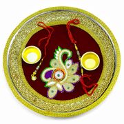 Maroon Base Stunning Looking Design Gota Studded Rakhi Thali with Liner Bhaiya and Bhabhi Rakhi
