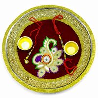 Maroon Base Stunning Looking Design Gota Studded Rakhi Thali with Liner Bhaiya and Bhabhi Rakhi