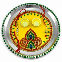 Colorful Jewel Studded On Yellow Base Design Magnificent Rakhi Puja Thali