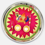 Most Beautiful Peacock Design Pink Base Unique Rakhi Puja Thali with Couple Rakhis
