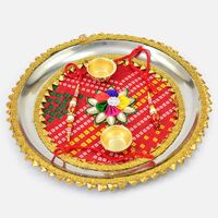 Rajasthani Fabric Base Design Flower in Mid Special Rakhi Thali with Bhaiya and Bhabi Rakhi