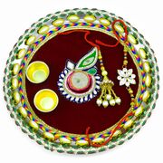 Shri Krishna Symbol Design Auspicious Maroon Base Stunning Looking Thali for Raksha Bandhan