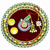 Shri Krishna Symbol Design Auspicious Maroon Base Stunning Looking Thali for Raksha Bandhan