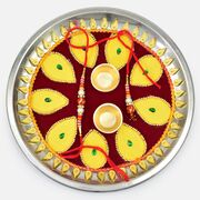 Antique Design Maroon Base Yellow Colored Pooja Rakhi Thali for Raksha Bandhan
