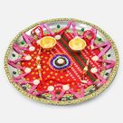 Antique Looking Rajasthani Fabric Designer Pooja Thali with Rakhis for Couple