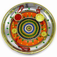 Handcrafted Stone and Chain Floral-Designed Orange Base Rakhi Pooja Thali