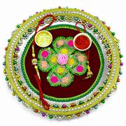Floral Petal Rakhi Pooja Thali with Colorful Beaded Border