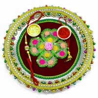 Floral Petal Rakhi Pooja Thali with Colorful Beaded Border