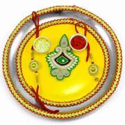 Yellow Painted Rakhi Pooja Thali with Beautiful Buti