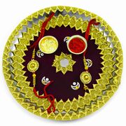 Maroon Base Rakhi Pooja Thali with Mirror, Flowers, and Moons Bordered with Golden Lace