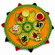 Yellow Velvet Base Gota-Patti with Multicolor Lace Border Rakhi Pooja Thali