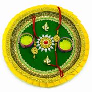 White and Gold Stone Floral Center with Red Crystal Ganesha Rakhi Pooja Thali