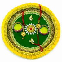 White and Gold Stone Floral Center with Red Crystal Ganesha Rakhi Pooja Thali