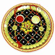 Embroidered Green Base with Golden Stone Floral Rakhi Pooja Thali