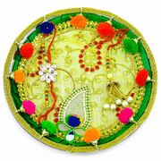 Rajasthani-Style Embroidered Base with Colorful Pom-Pom Latkan Rakhi Pooja Thali
