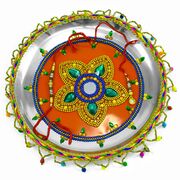 Five Green Crystal and Golden-Chained Floral Rakhi Pooja Thali